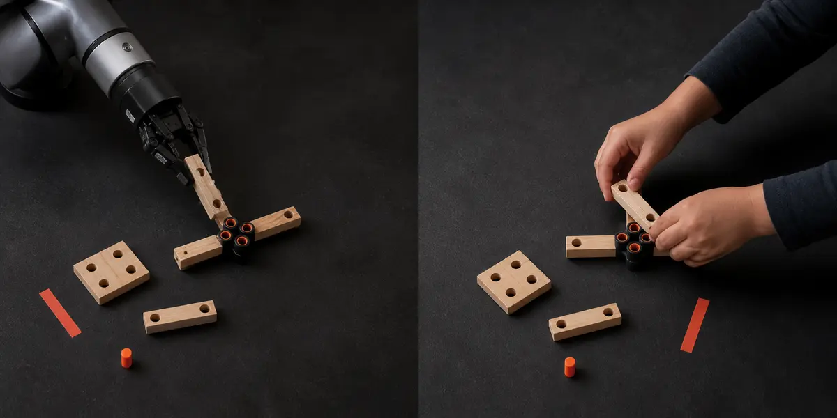 Side by side: a robot gripper and a child's hands assembling matching wooden parts