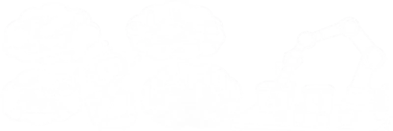 Line drawing of a robot deep in thought. Its thought bubbles show a hand drilling into a plank, a hand stirring a pot on a stove, hands chopping vegetables at a counter, and legs walking down a city street past cyclists and parked cars. Beside it, a robot arm sorts a bottle into a recycling bin.